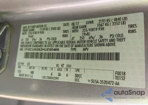 2017 Ford Escape Se z USA, uszkodzony, nr VIN 1FMCU9G92HUE90466